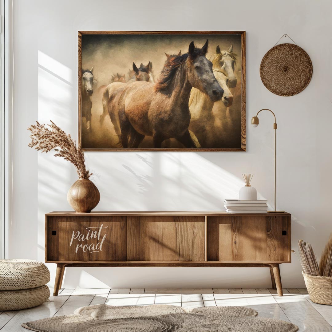 This captivating artwork portrays a herd of wild horses running through a dusty landscape, creating… for living room