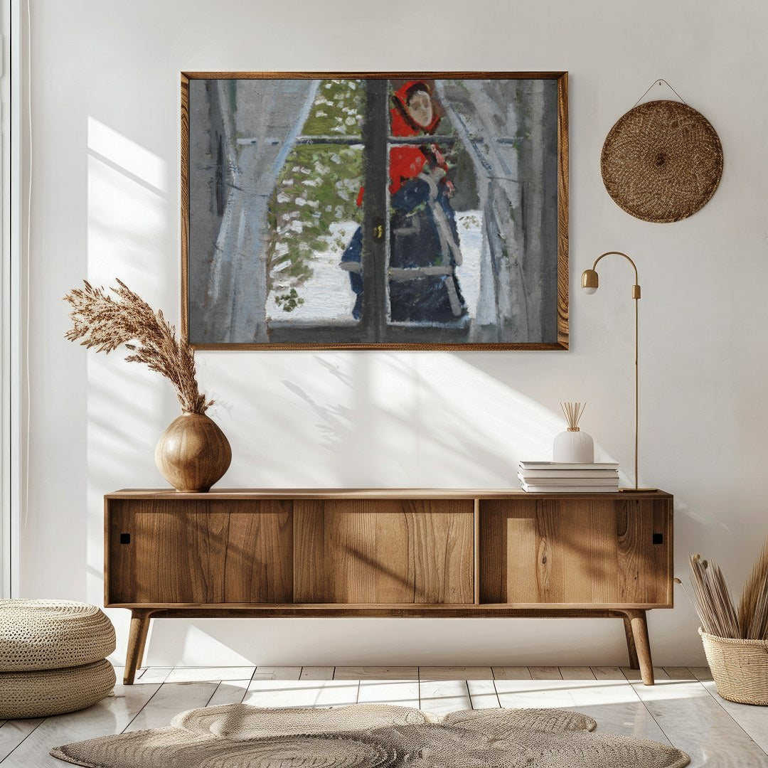 Capture a serene winter moment with this captivating artwork, depicting a figure cloaked in a for Sitting Area