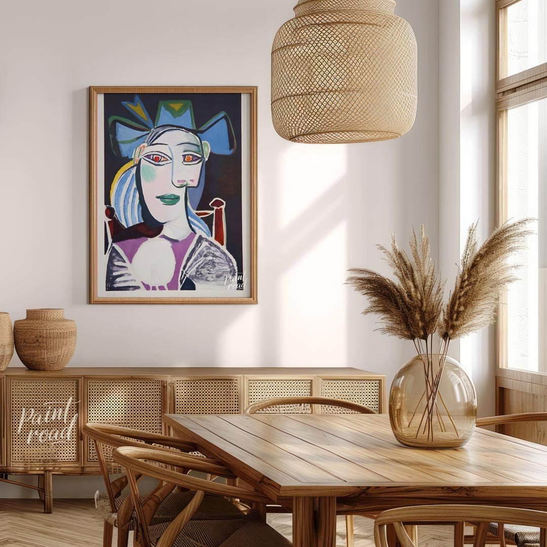 This striking portrait by Pablo Picasso, titled “Bust of a Woman with a Hat,” likely depicts his mu… for dining room