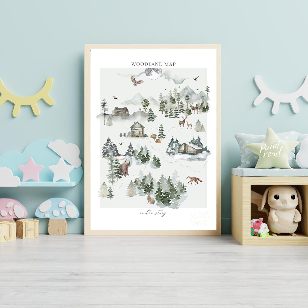 This intricate and delightful poster presents a "WOODLAND MAP" that tells a "winter story" through … for nursery