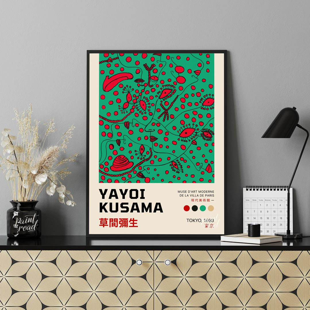 This compelling art print is an official poster for a Yayoi Kusama exhibition in Tokyo, 1993, showc… for office