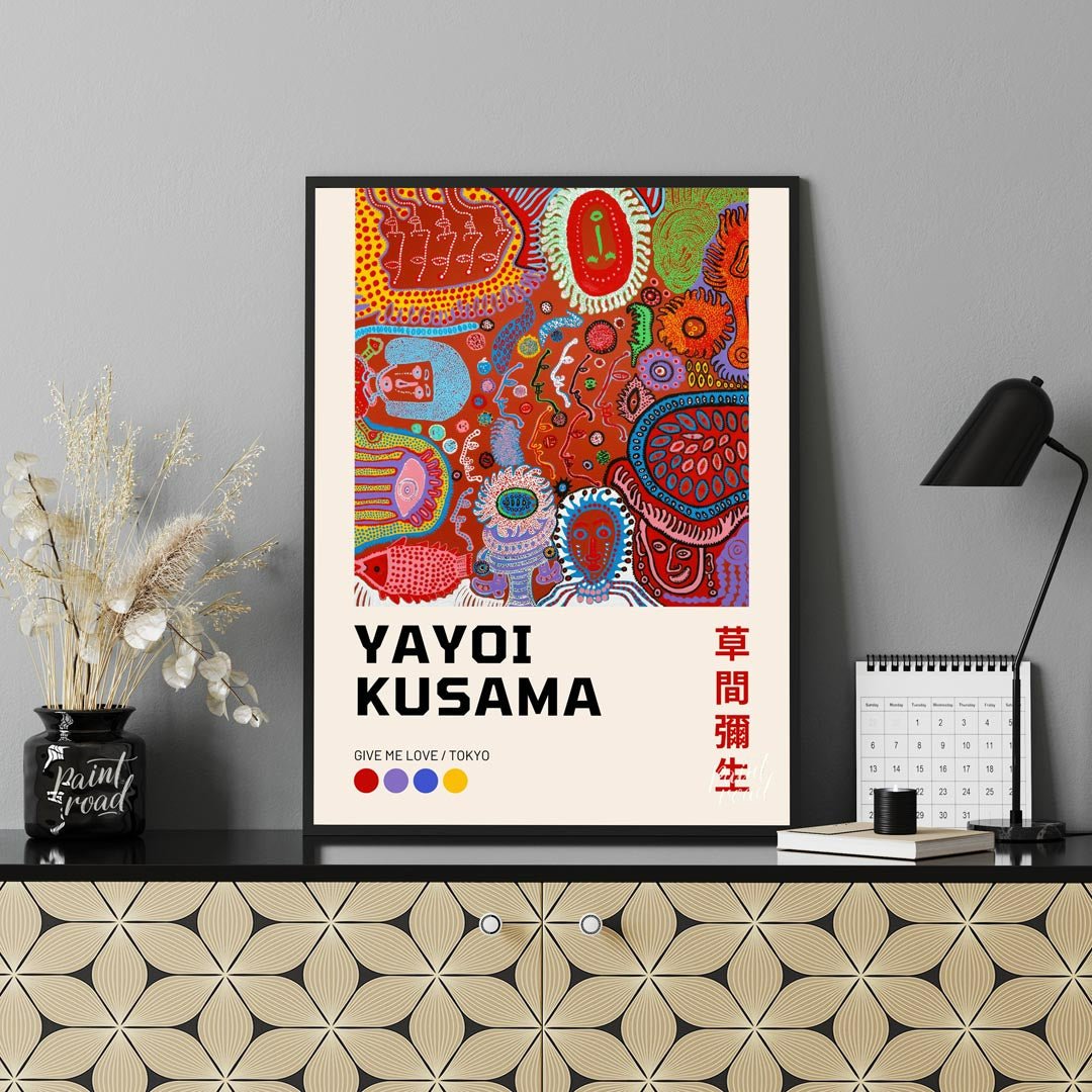 This captivating art print showcases a vibrant and complex piece from Yayoi Kusama’s “My Eternal So… for office