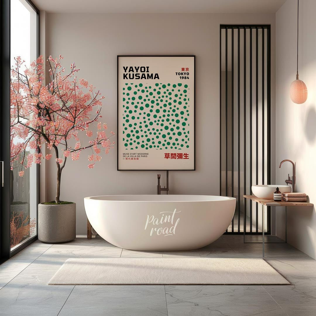 Celebrate the playful genius of Yayoi Kusama with this iconic exhibition poster, advertising her “T… for bathroom
