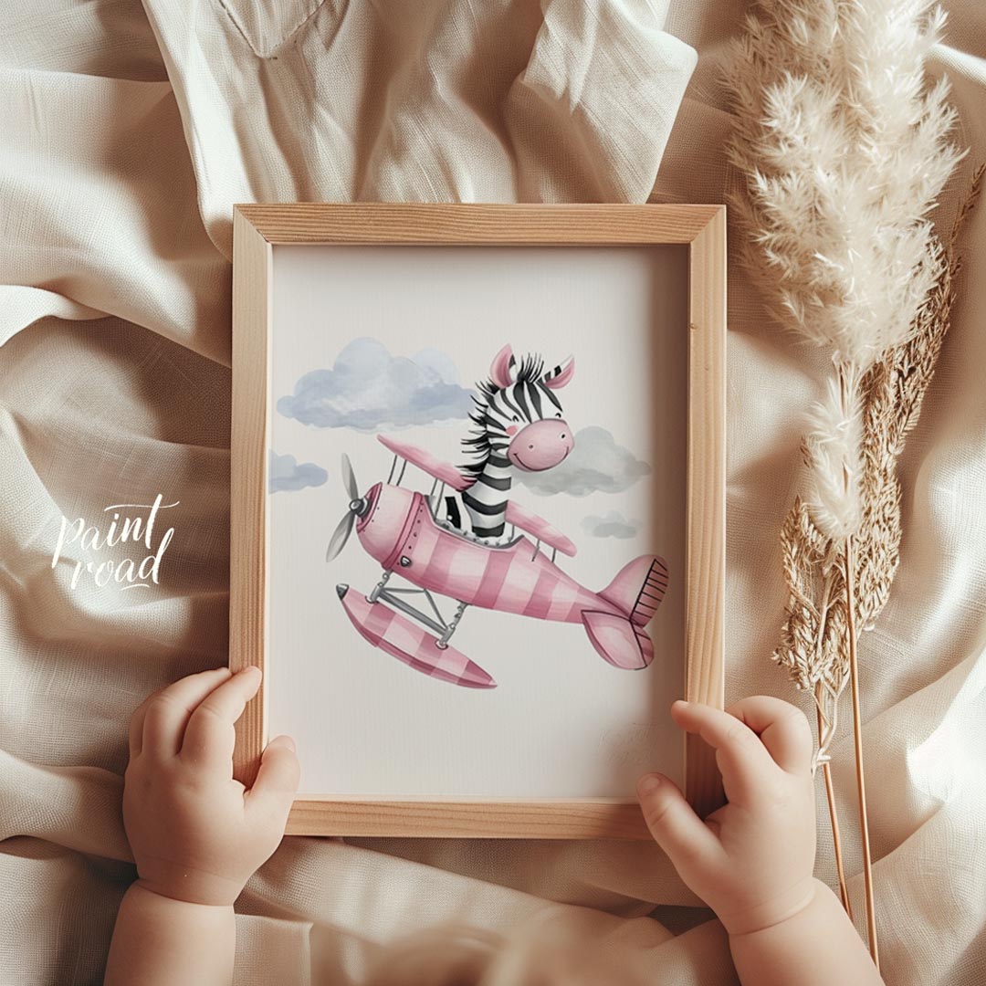 This charming illustration captures a whimsical moment of airborne delight as a cheerful zebra pilo… for nursery