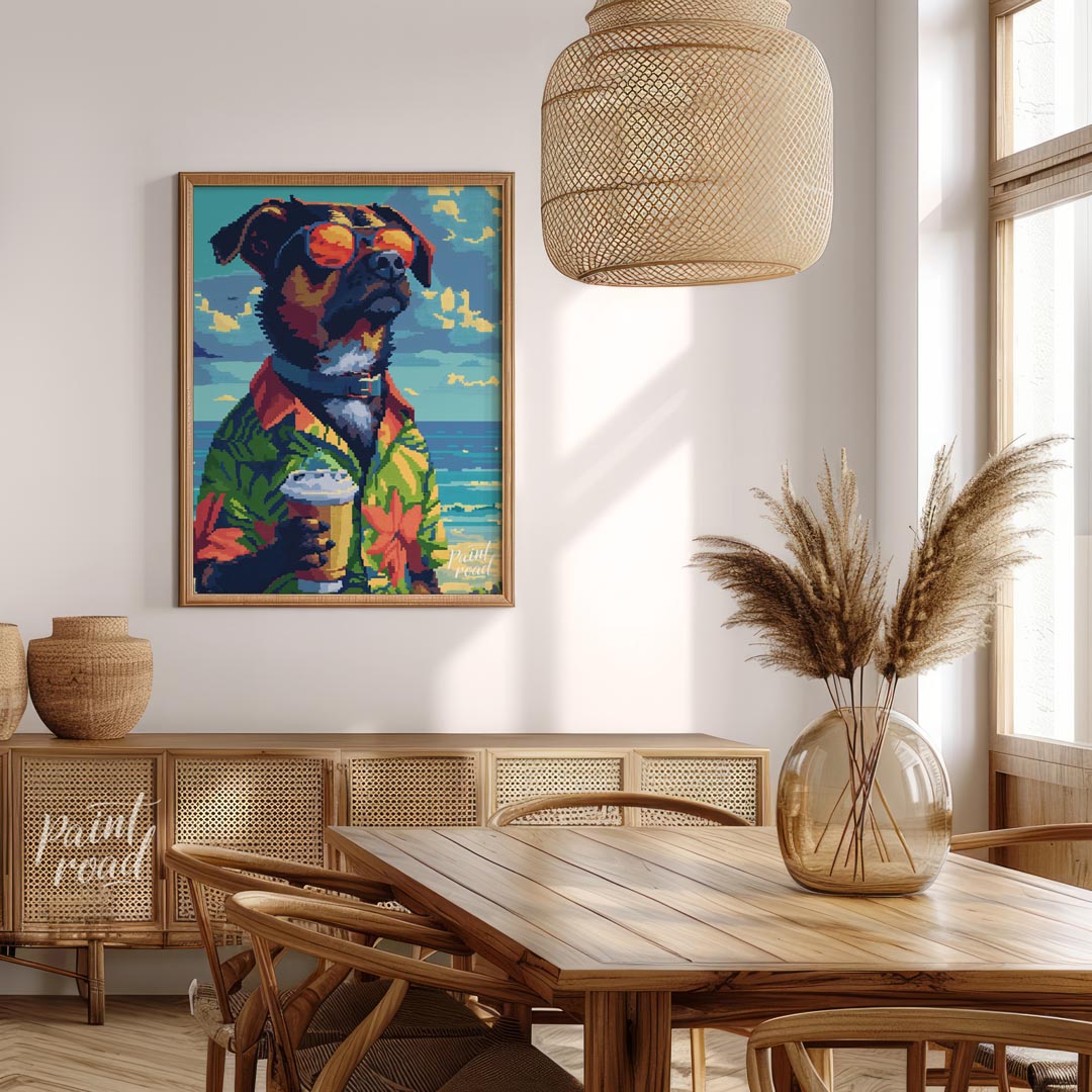 Pixel Art Beach Dog with Drink