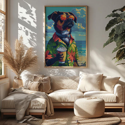 Pixel Art Beach Dog with Drink