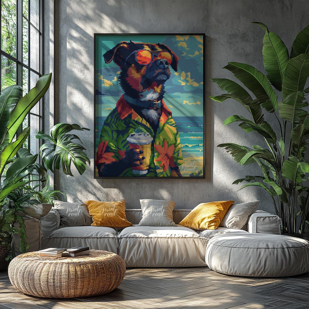 Pixel Art Beach Dog with Drink