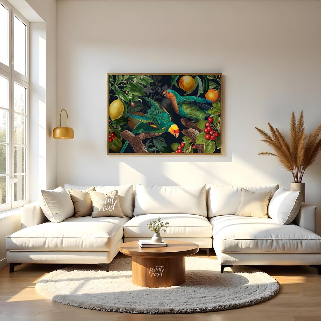Parrots and Fruit in Deep Botanical Scene