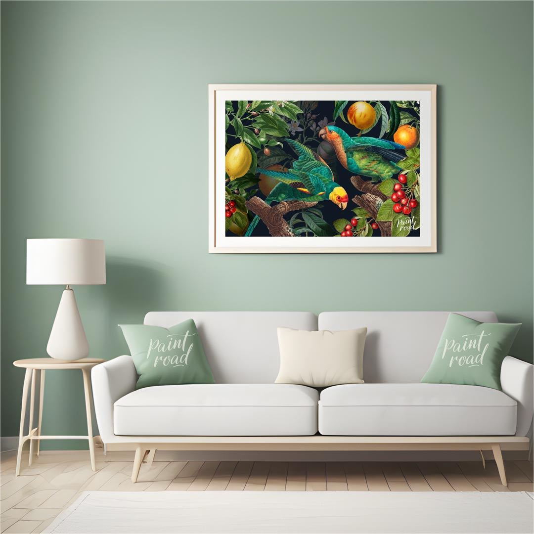 Parrots and Fruit in Deep Botanical Scene