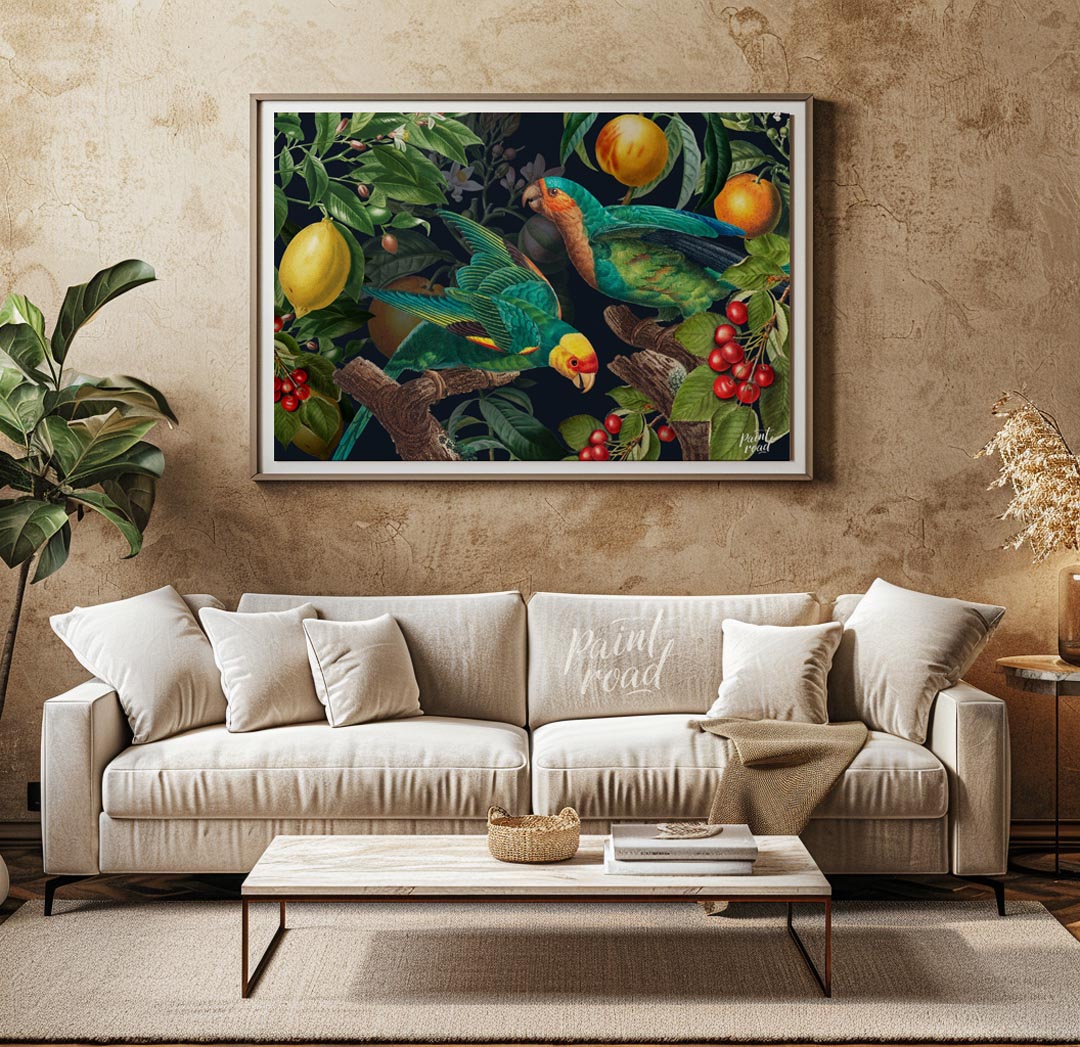 Parrots and Fruit in Deep Botanical Scene