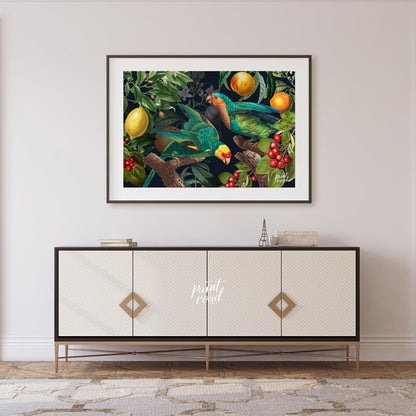 Parrots and Fruit in Deep Botanical Scene
