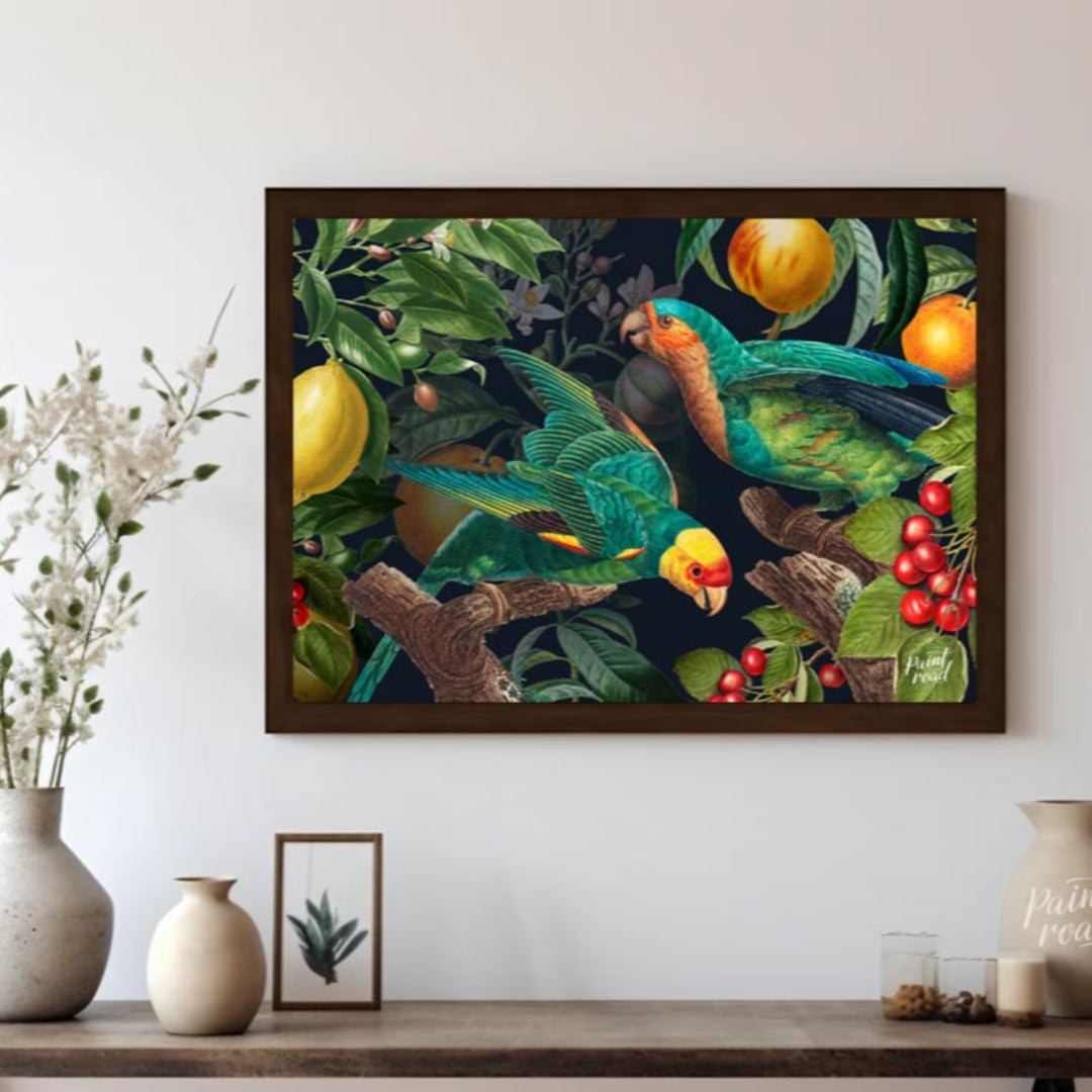 Parrots and Fruit in Deep Botanical Scene