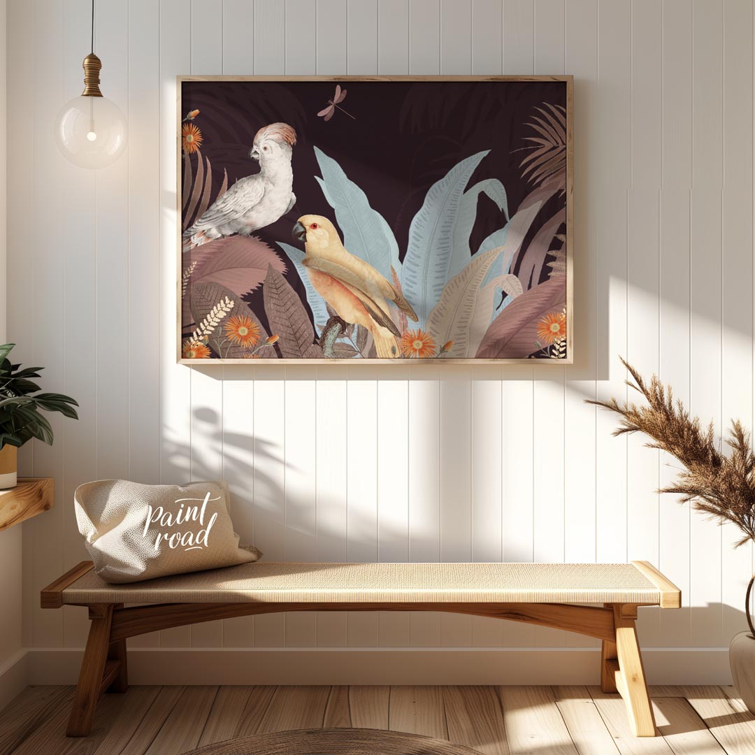 Cockatoo and Parrot in Dusty Rose Jungle