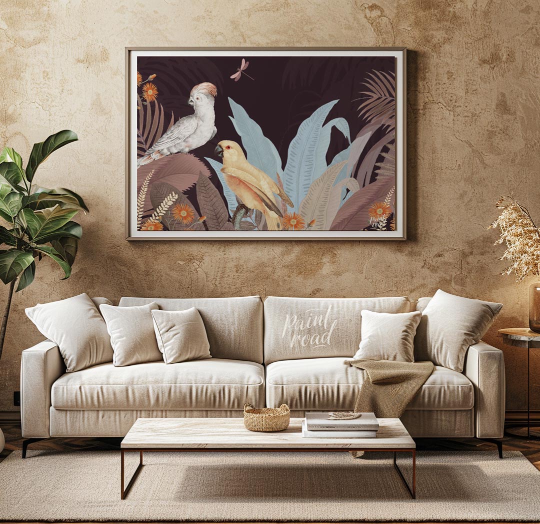 Cockatoo and Parrot in Dusty Rose Jungle