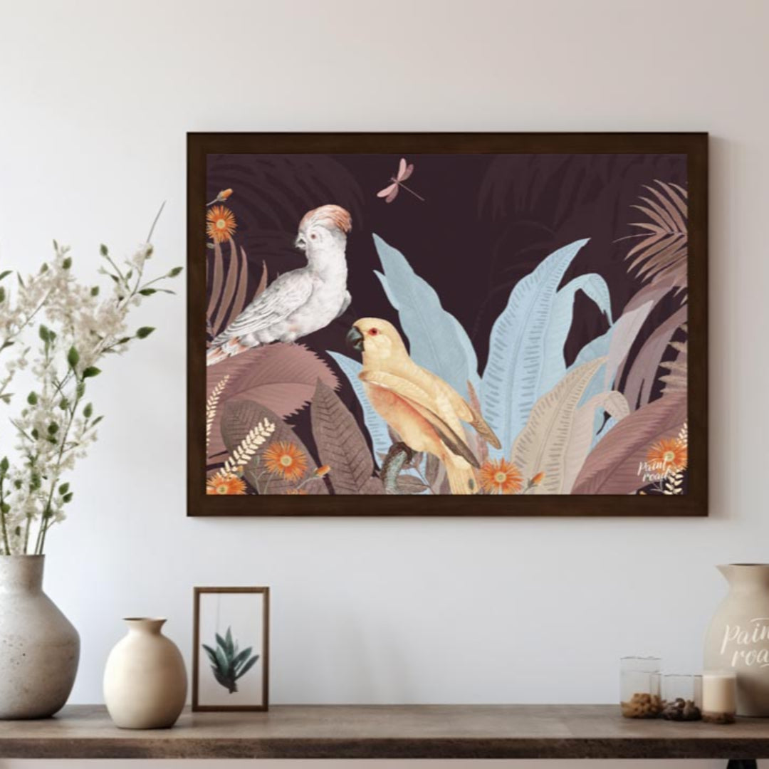 Cockatoo and Parrot in Dusty Rose Jungle