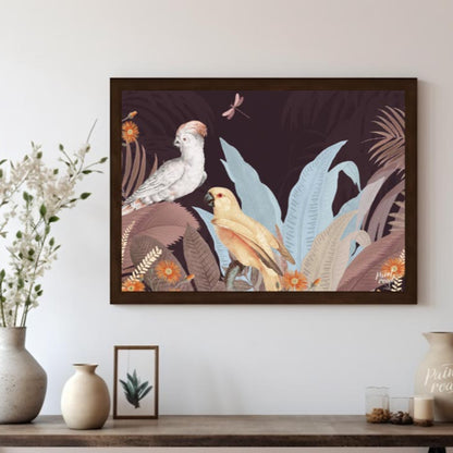 Cockatoo and Parrot in Dusty Rose Jungle