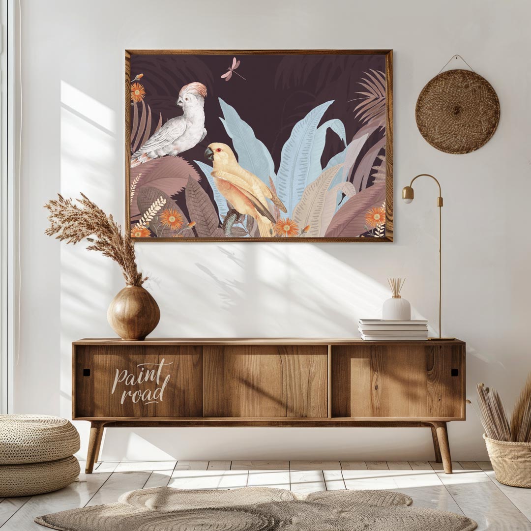 Cockatoo and Parrot in Dusty Rose Jungle