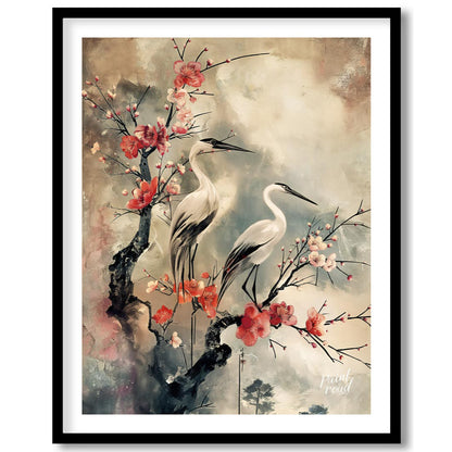 Cranes and Cherry Blossoms in Misty Landscape
