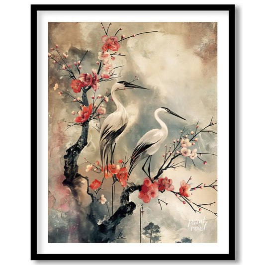 Cranes and Cherry Blossoms in Misty Landscape
