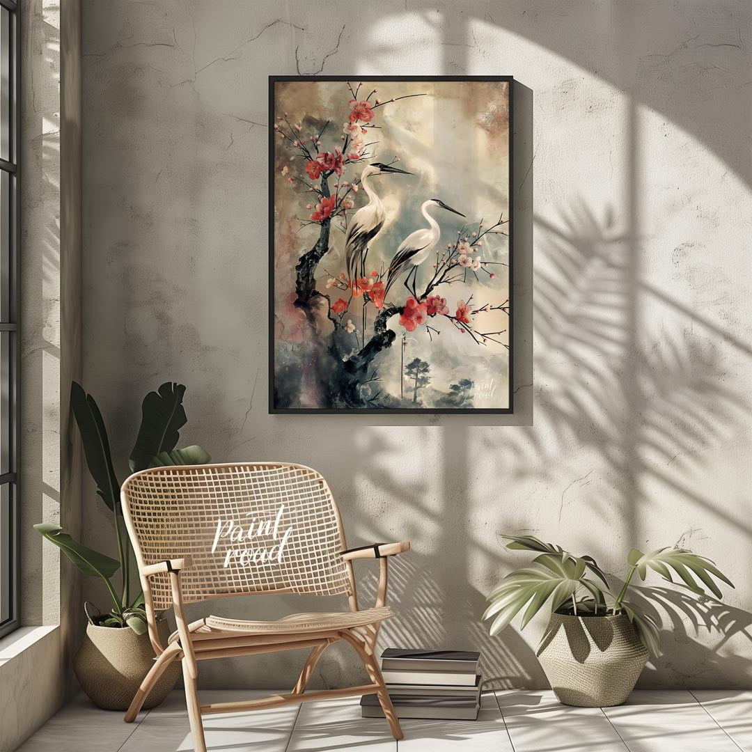 Cranes and Cherry Blossoms in Misty Landscape