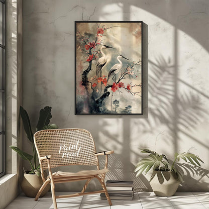 Cranes and Cherry Blossoms in Misty Landscape