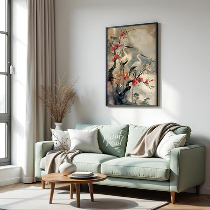 Cranes and Cherry Blossoms in Misty Landscape