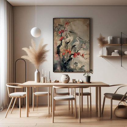 Cranes and Cherry Blossoms in Misty Landscape