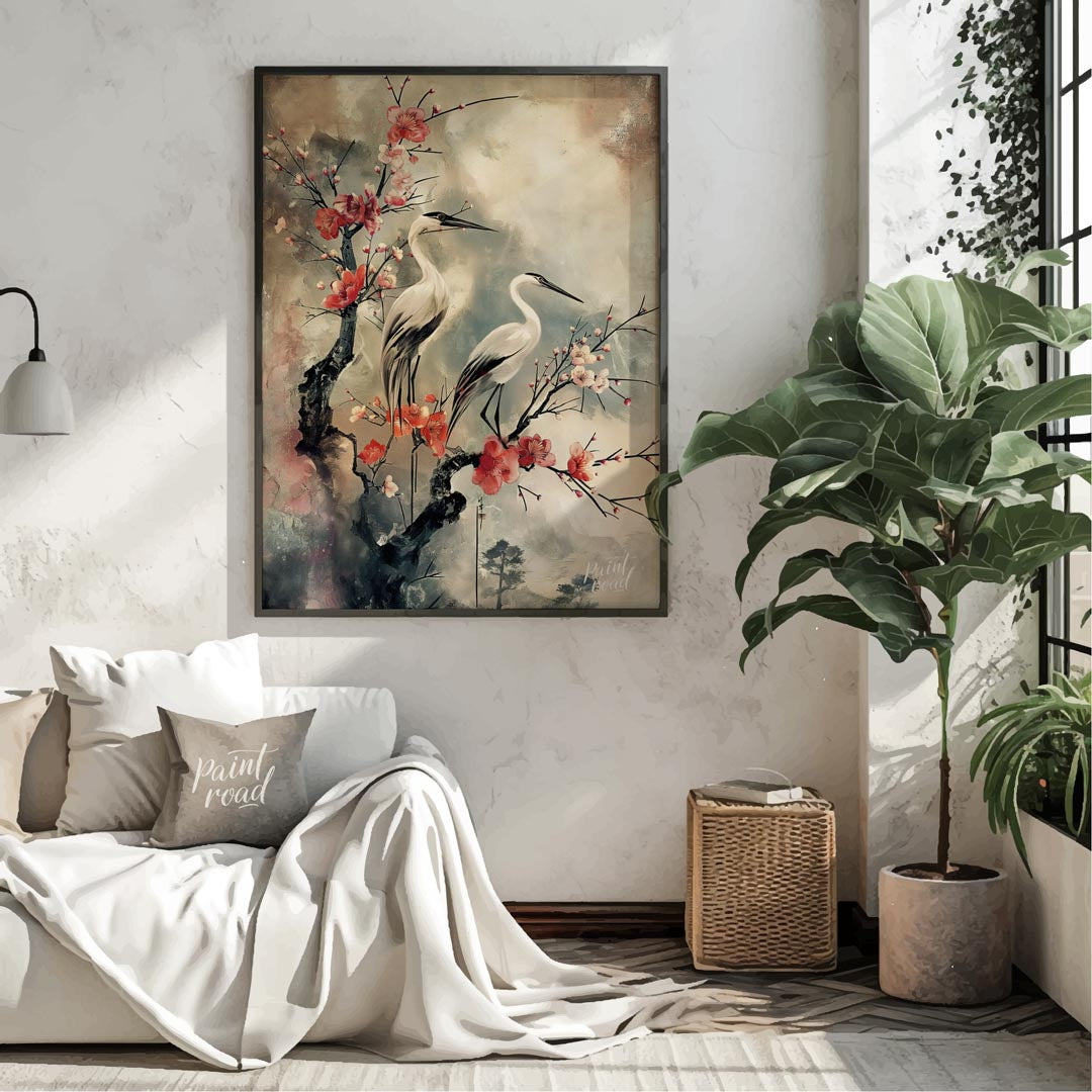 Cranes and Cherry Blossoms in Misty Landscape