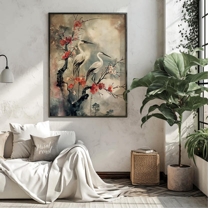 Cranes and Cherry Blossoms in Misty Landscape