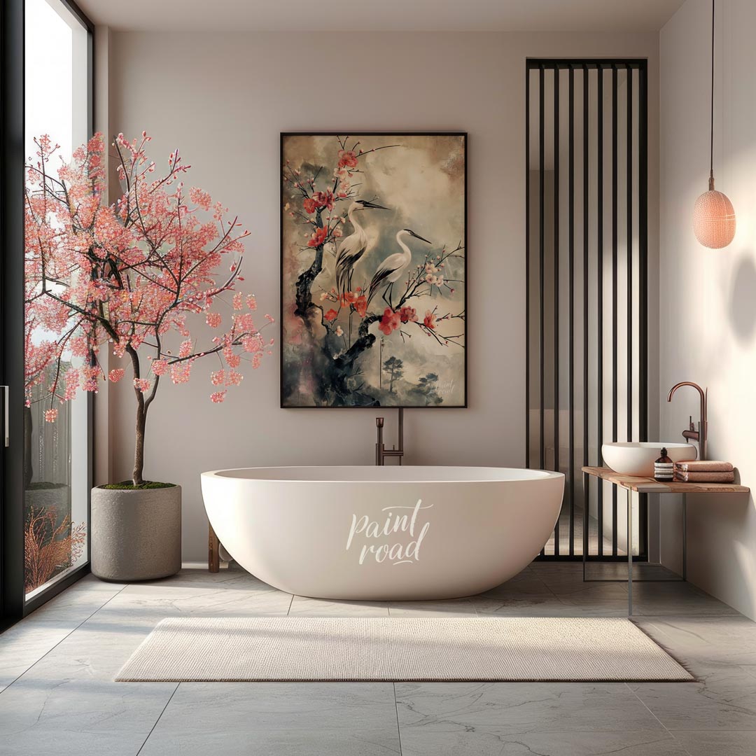 Cranes and Cherry Blossoms in Misty Landscape