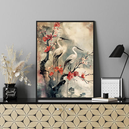 Cranes and Cherry Blossoms in Misty Landscape
