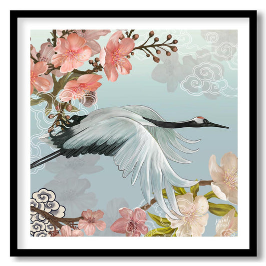 Flying Crane and Cherry Blossoms
