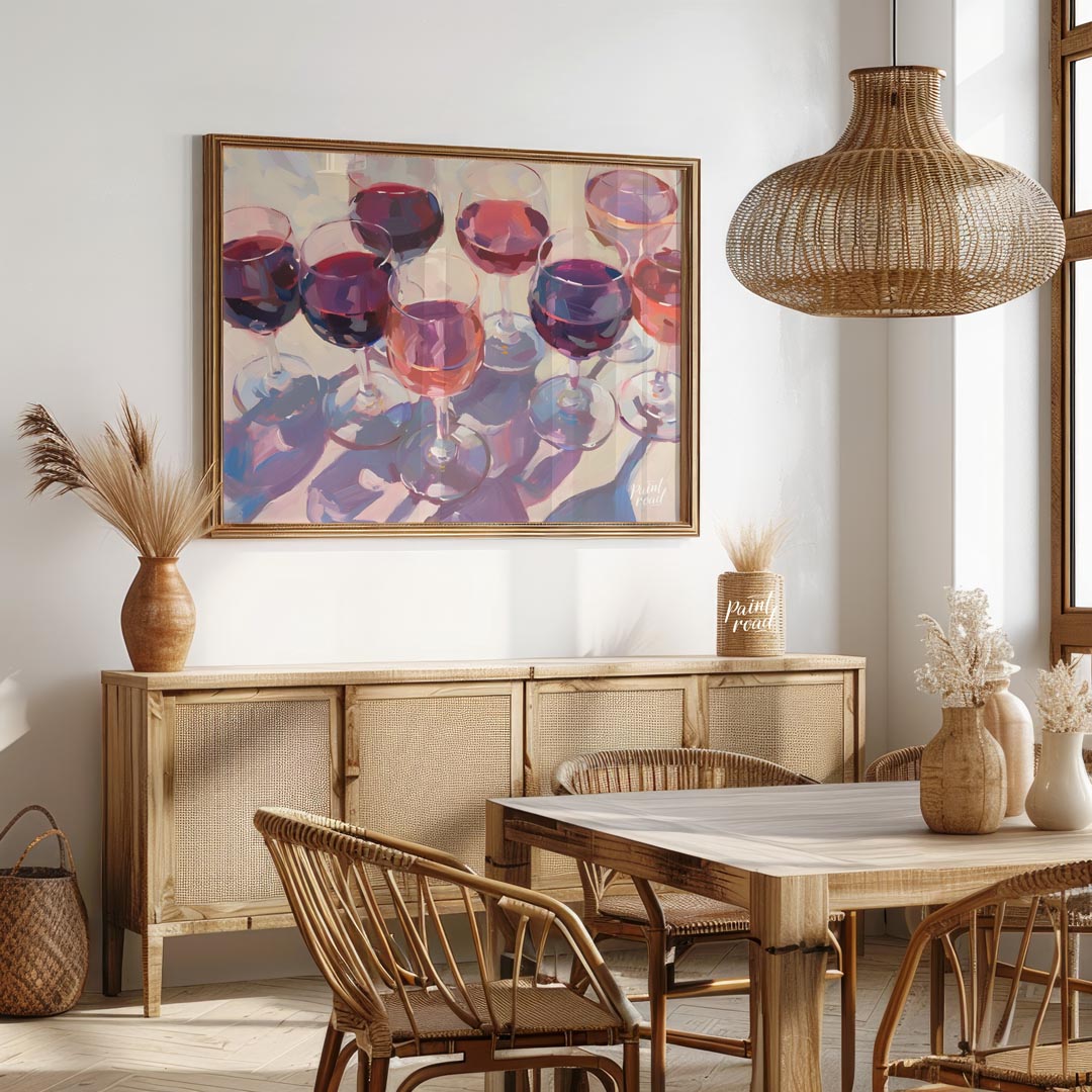 A vibrant and dynamic oil painting depicting a collection of wine glasses filled with a variety of … for dining room