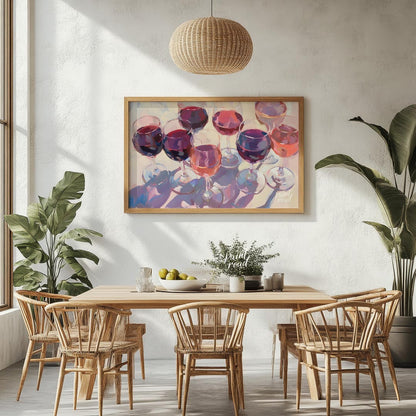 A vibrant and dynamic oil painting depicting a collection of wine glasses filled with a variety of … for dining room