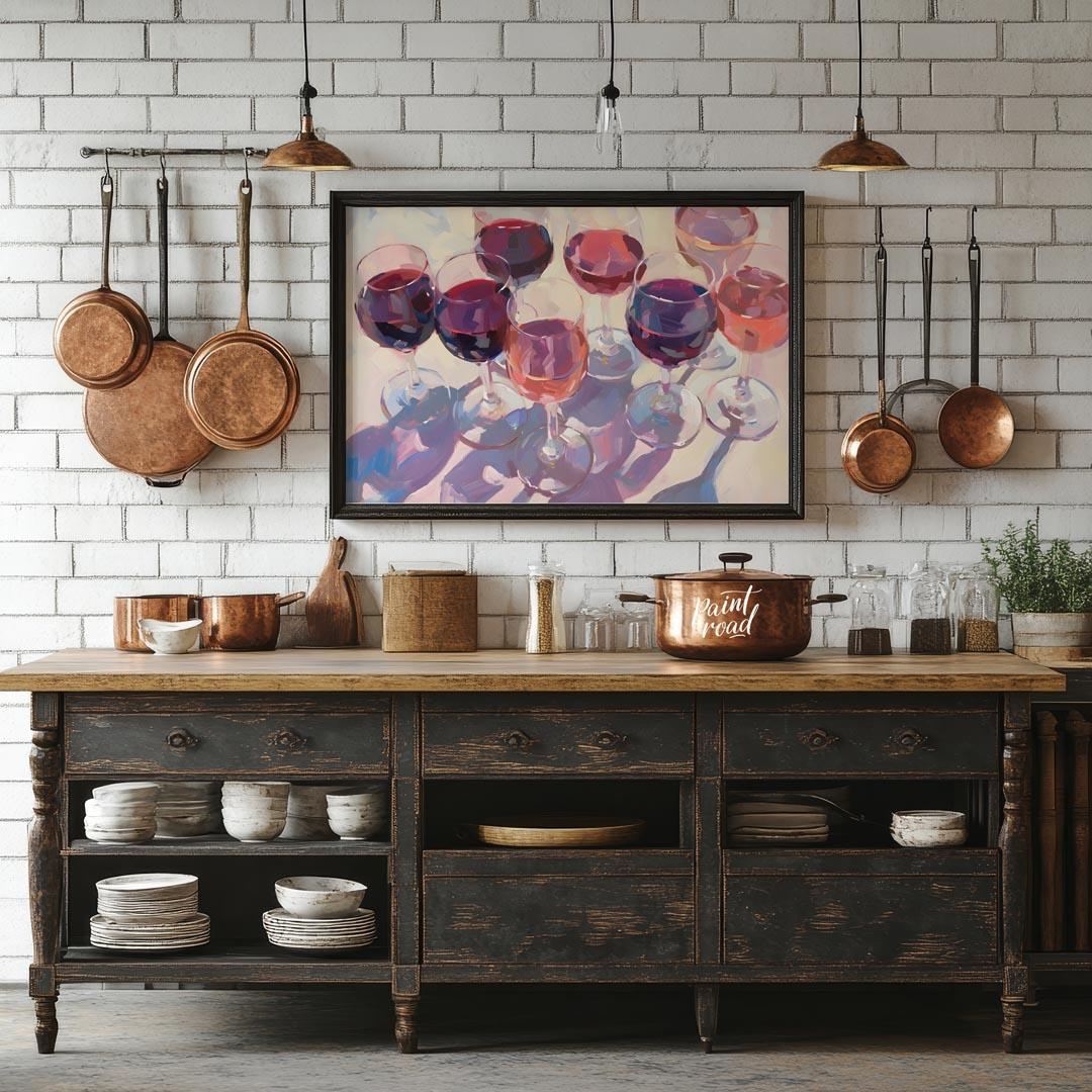 A vibrant and dynamic oil painting depicting a collection of wine glasses filled with a variety of … for kitchen