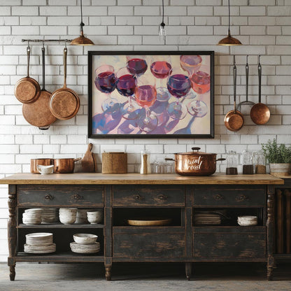 A vibrant and dynamic oil painting depicting a collection of wine glasses filled with a variety of … for kitchen