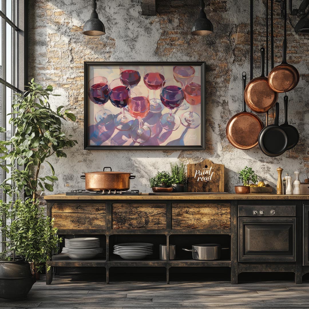 A vibrant and dynamic oil painting depicting a collection of wine glasses filled with a variety of … for kitchen