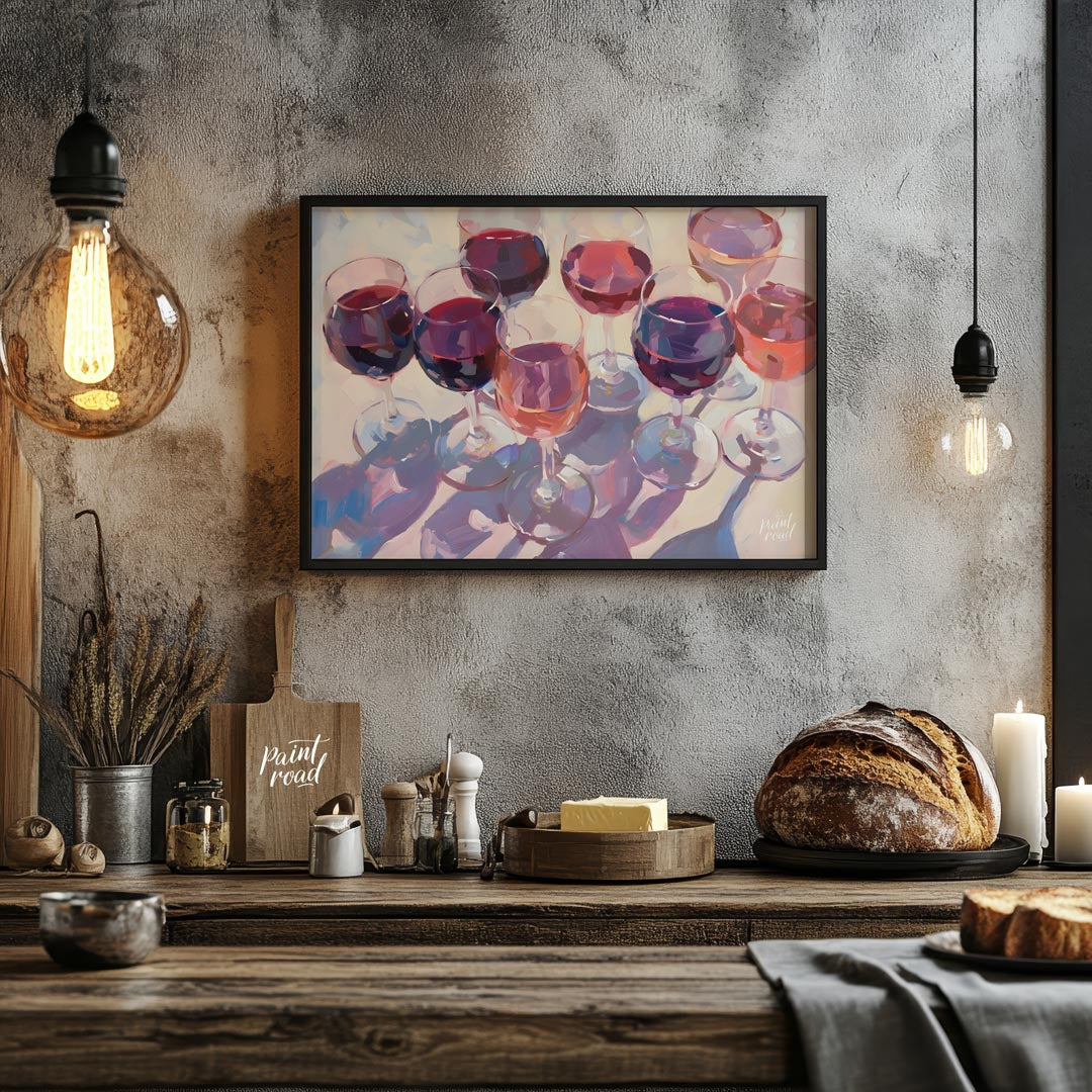 A vibrant and dynamic oil painting depicting a collection of wine glasses filled with a variety of … for kitchen