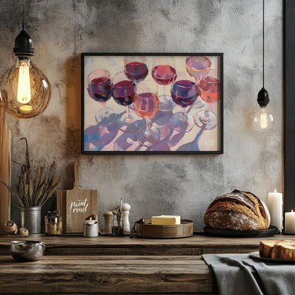 A vibrant and dynamic oil painting depicting a collection of wine glasses filled with a variety of … for kitchen