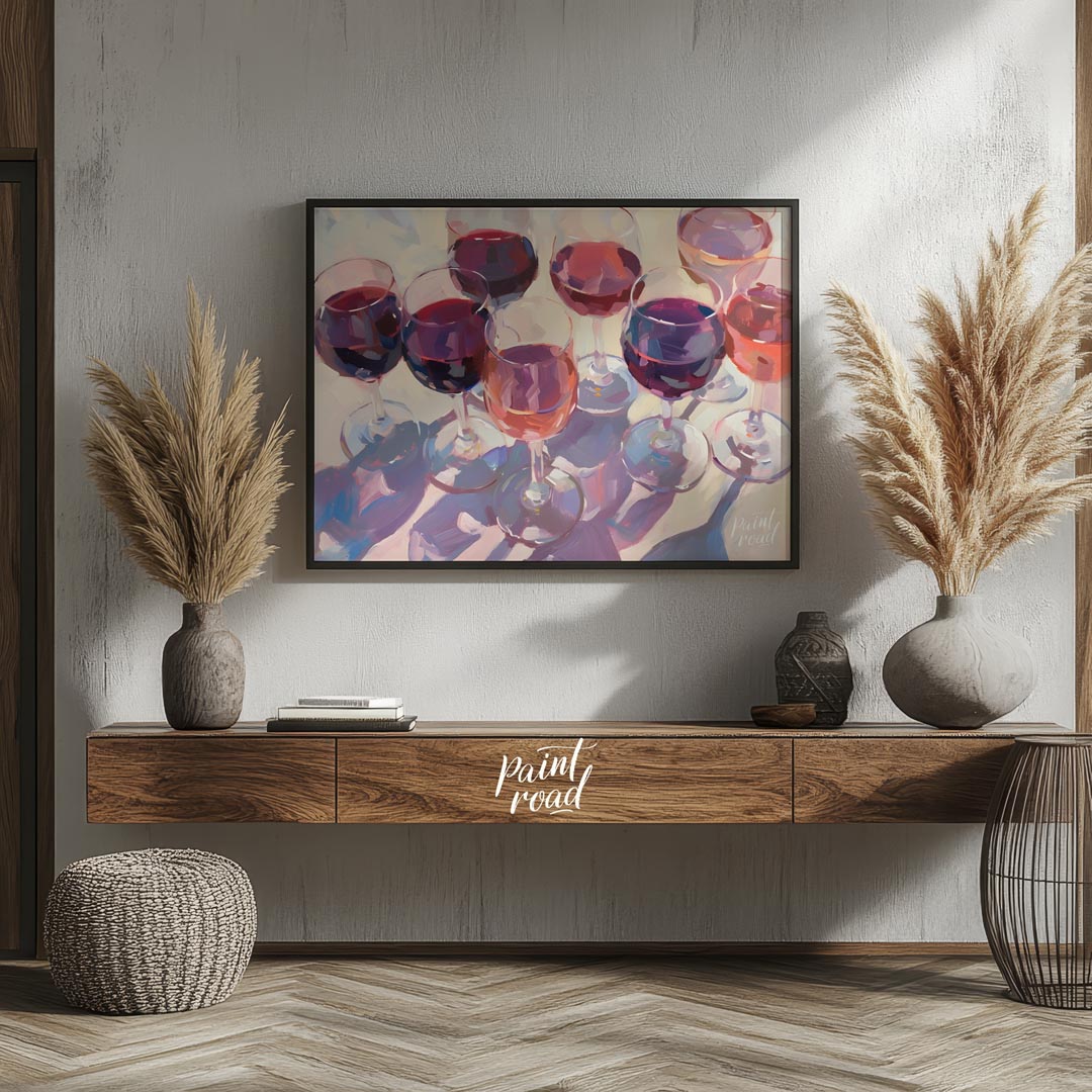 A vibrant and dynamic oil painting depicting a collection of wine glasses filled with a variety of … for living room