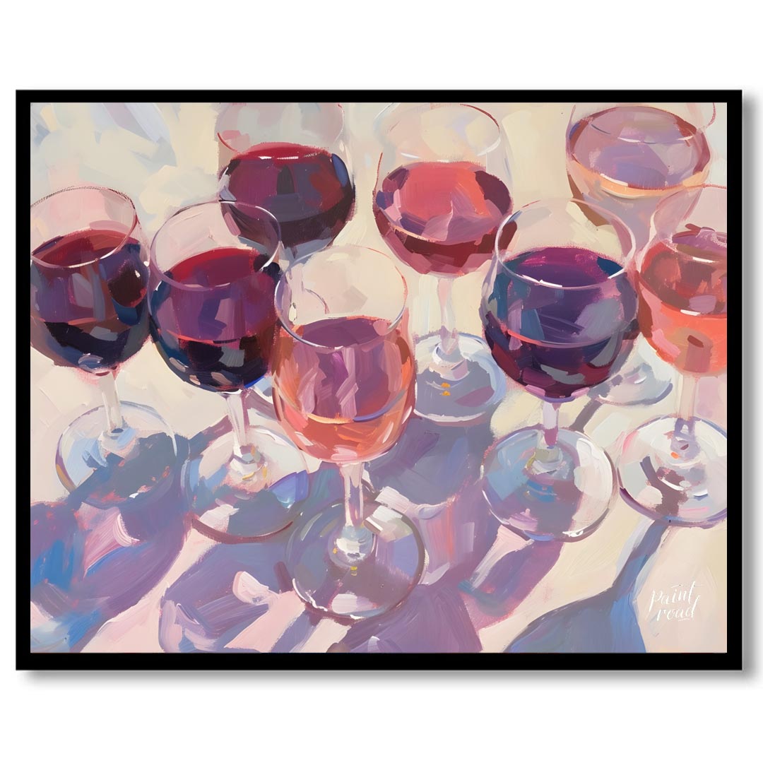 A vibrant and dynamic oil painting depicting a collection of wine glasses filled with a variety of … for sweet home