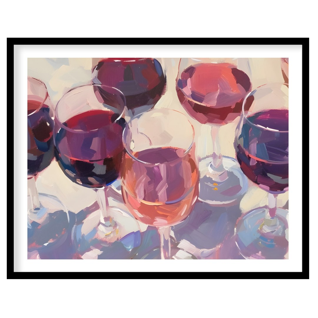 A vibrant and dynamic oil painting depicting a collection of wine glasses filled with a variety of … for sweet home