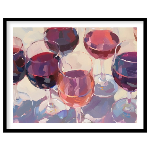 A vibrant and dynamic oil painting depicting a collection of wine glasses filled with a variety of … for sweet home