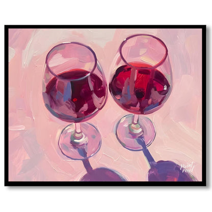 A vibrant oil painting capturing the beauty of two glasses of red wine. The artist uses expressive … for area
