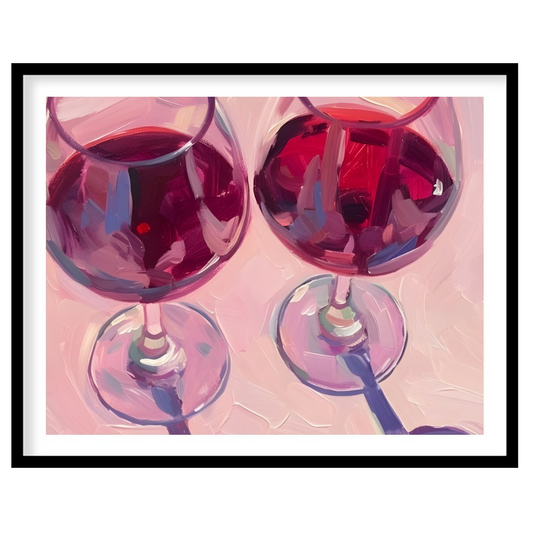 A vibrant oil painting capturing the beauty of two glasses of red wine. The artist uses expressive … for area