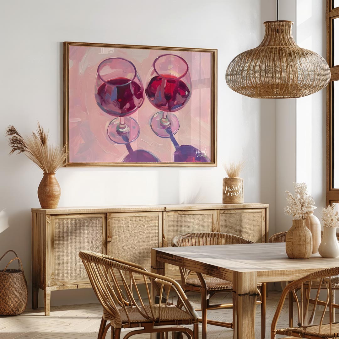 A vibrant oil painting capturing the beauty of two glasses of red wine. The artist uses expressive … for dining room