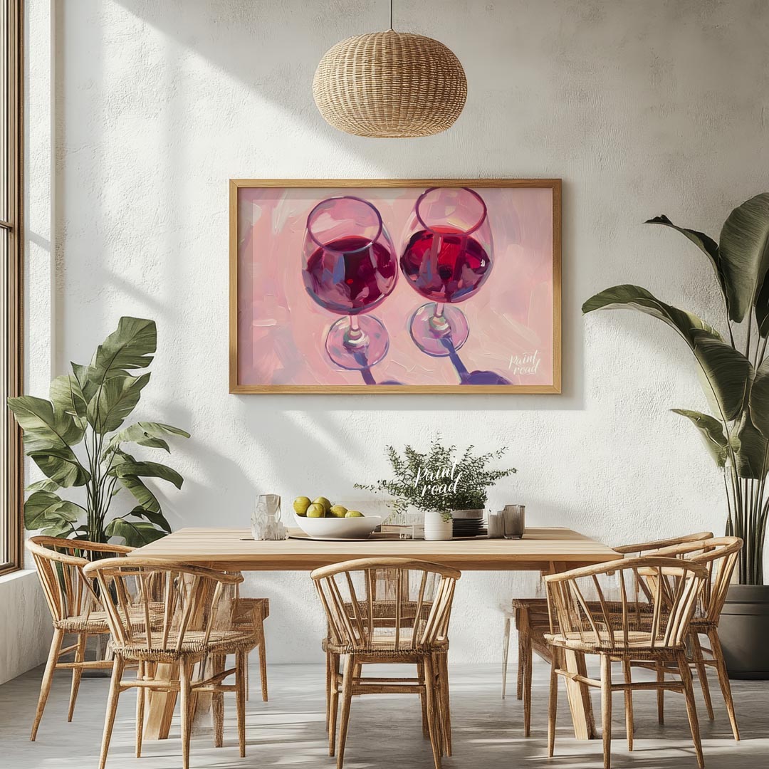 A vibrant oil painting capturing the beauty of two glasses of red wine. The artist uses expressive … for dining room