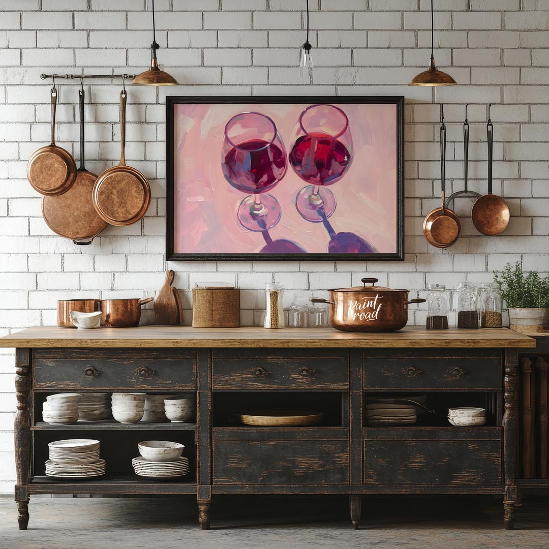 A vibrant oil painting capturing the beauty of two glasses of red wine. The artist uses expressive … for kitchen
