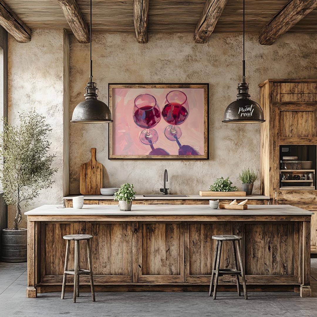 A vibrant oil painting capturing the beauty of two glasses of red wine. The artist uses expressive … for kitchen