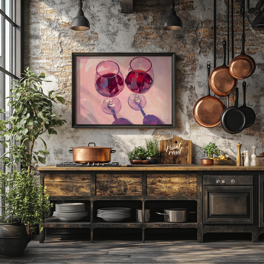 A vibrant oil painting capturing the beauty of two glasses of red wine. The artist uses expressive … for kitchen